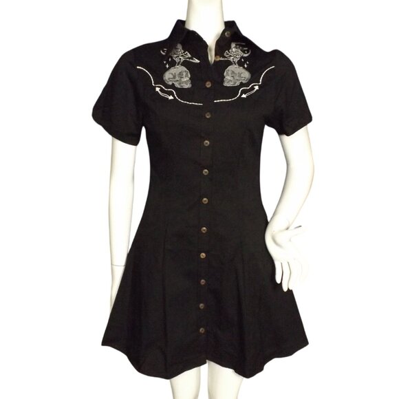 Boozelele Dresses & Skirts - BOOZELELE Dress, XS, Black, Skull/Raven Embroidered, Mini, Western Goth